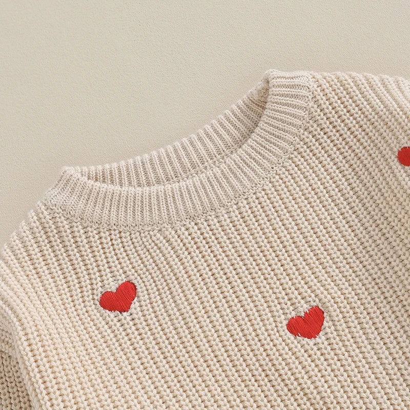 Baby Girl Knit Sweater Heart Embroidery Pullover Valentine's Day Clothes Top