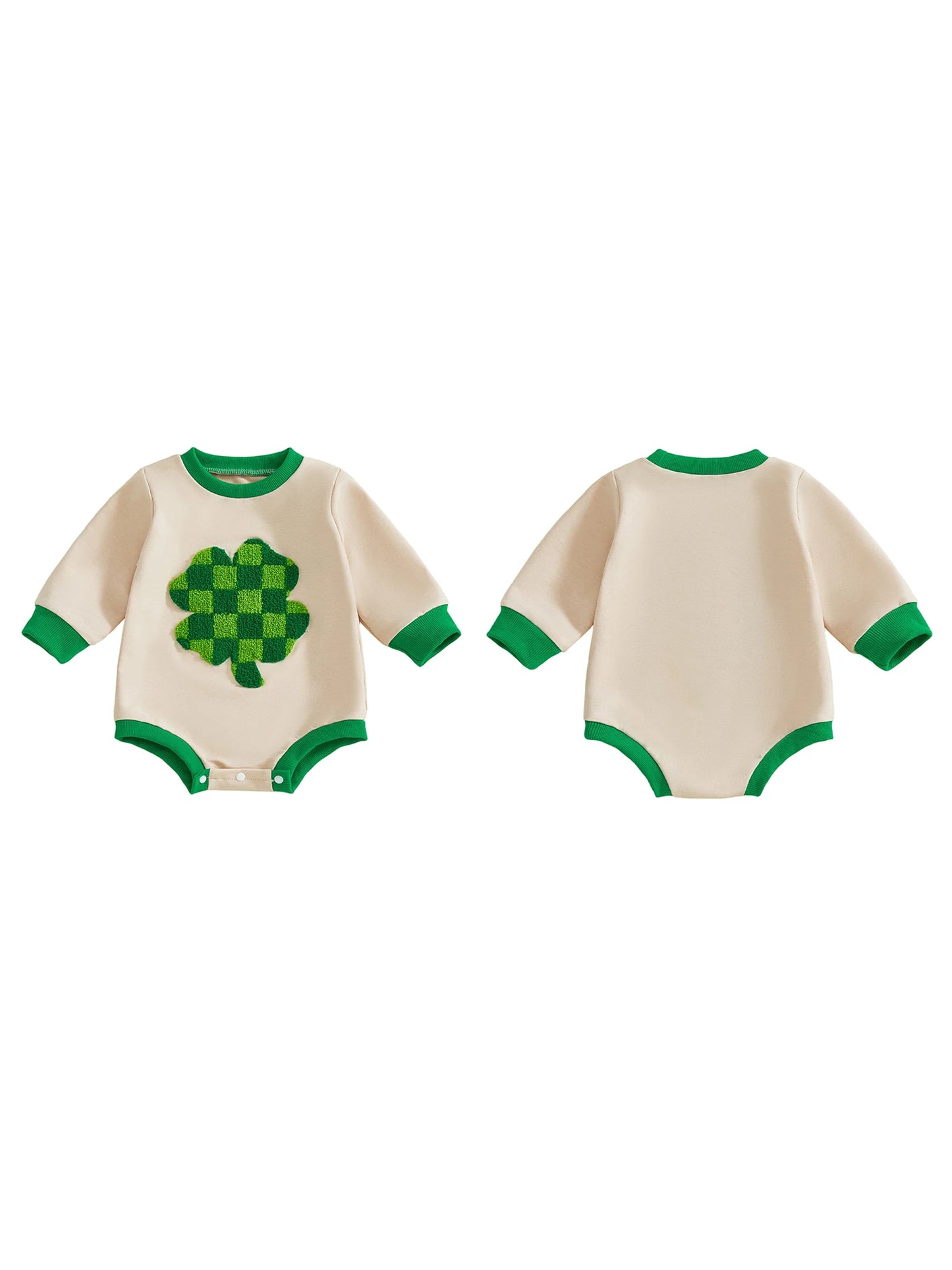 Baby Boys Girls St.Patricks Day Romper Long Sleeve Round Neck Shamrock Embroidery Bodysuit Playsuit