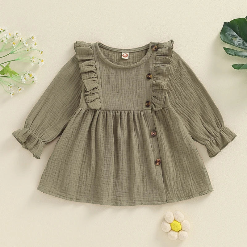 Baby Toddler Girls Autumn A-line Princess Poof Long Sleeve Crewneck Solid Color Button Dress