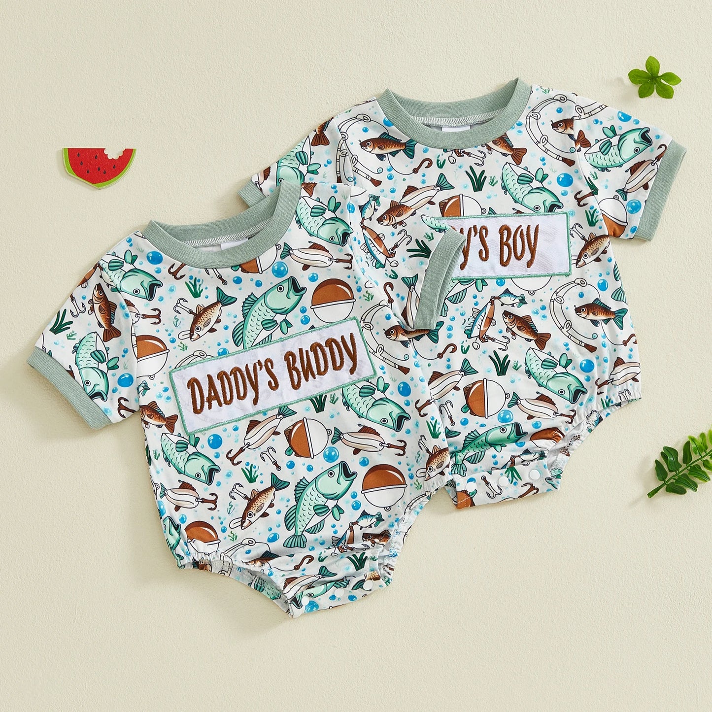 Baby Boy Daddy's Buddy / Boy Romper Adorable Fish Print Letter Embroidery Short Sleeve Round Neck Jumpsuit