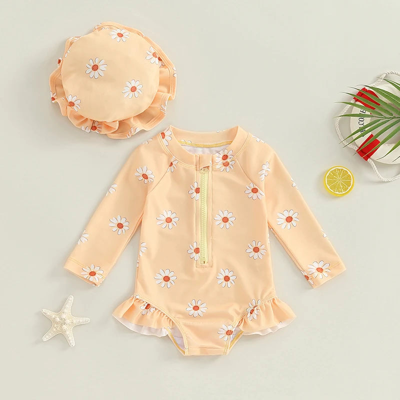 Baby Toddler Girls 2Pcs Swimsuit Daisy Flower Print Long Sleeve Round Neck Swimwear Front Zipper Bathing Suit and Hat Set