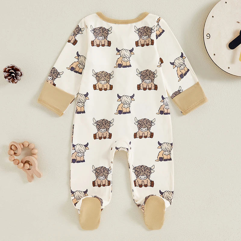 Baby Boys Girls Western Footed Jumpsuit Long Sleeve Crew Neck Cow Print Zipper Romper