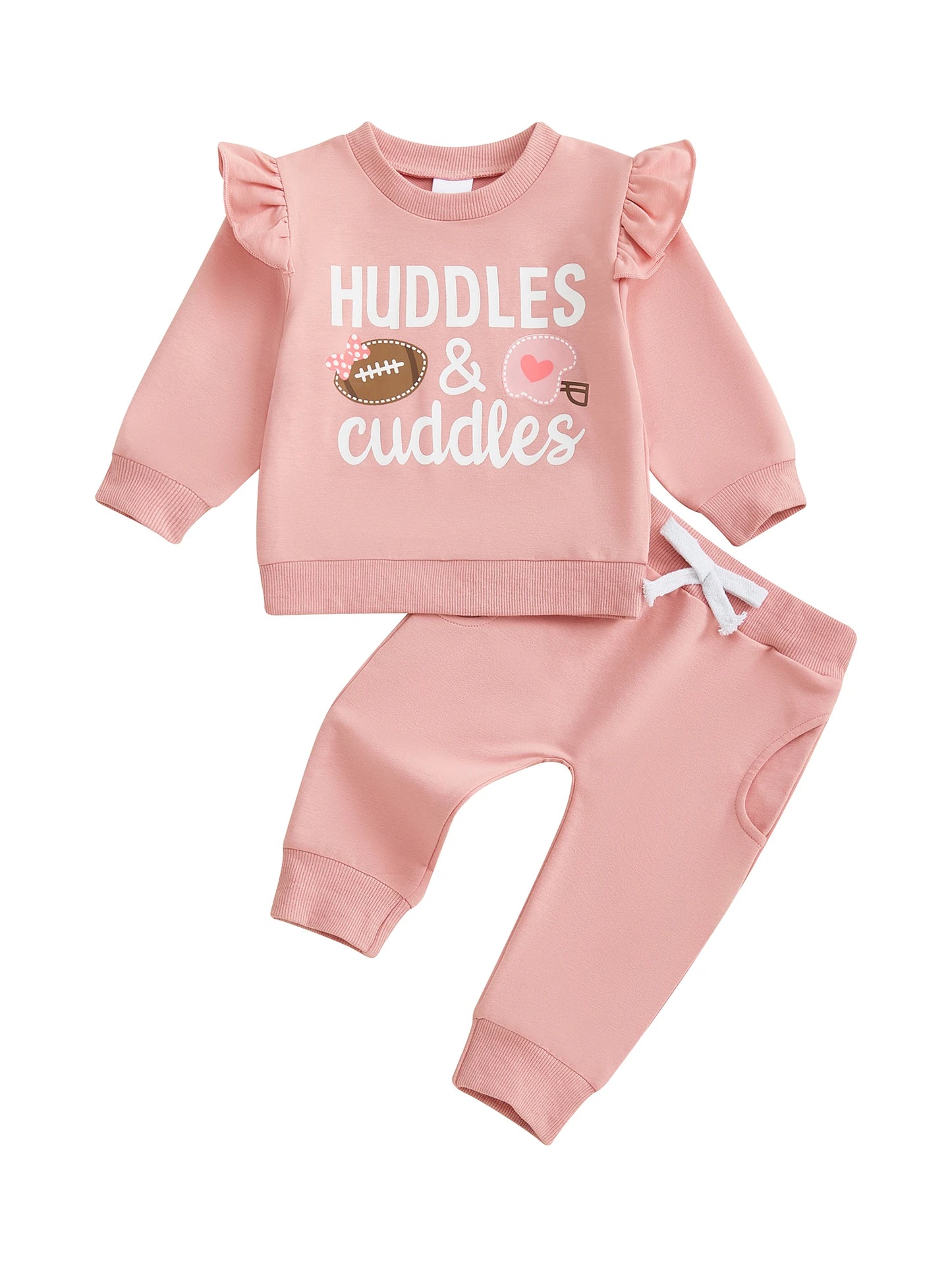 Baby Toddler Girls 2Pcs Fall Outfit Huddle & Cuddles Long Sleeve Bow Football Print Top + Pants Jogger Set Clothes