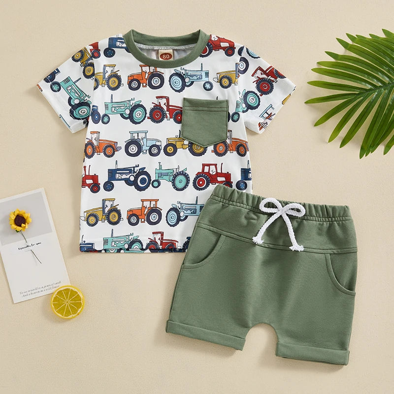 Toddler Baby Boys 2Pcs Short Sleeve Tractors Print Top and Drawstring Shorts Set