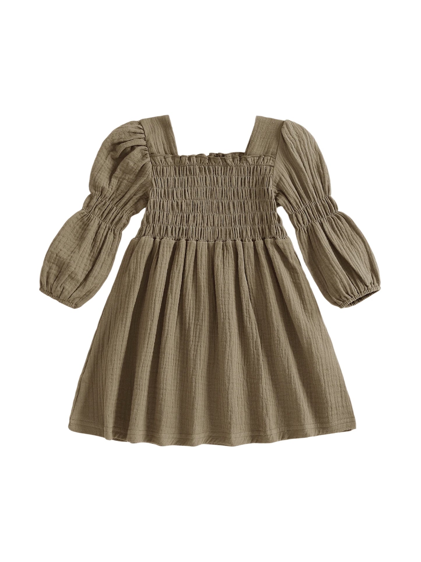 Baby Toddler Girl Bubble Sleeve Dress Stylish Solid Smocked Square Neck Long Sleeve A Line Dress