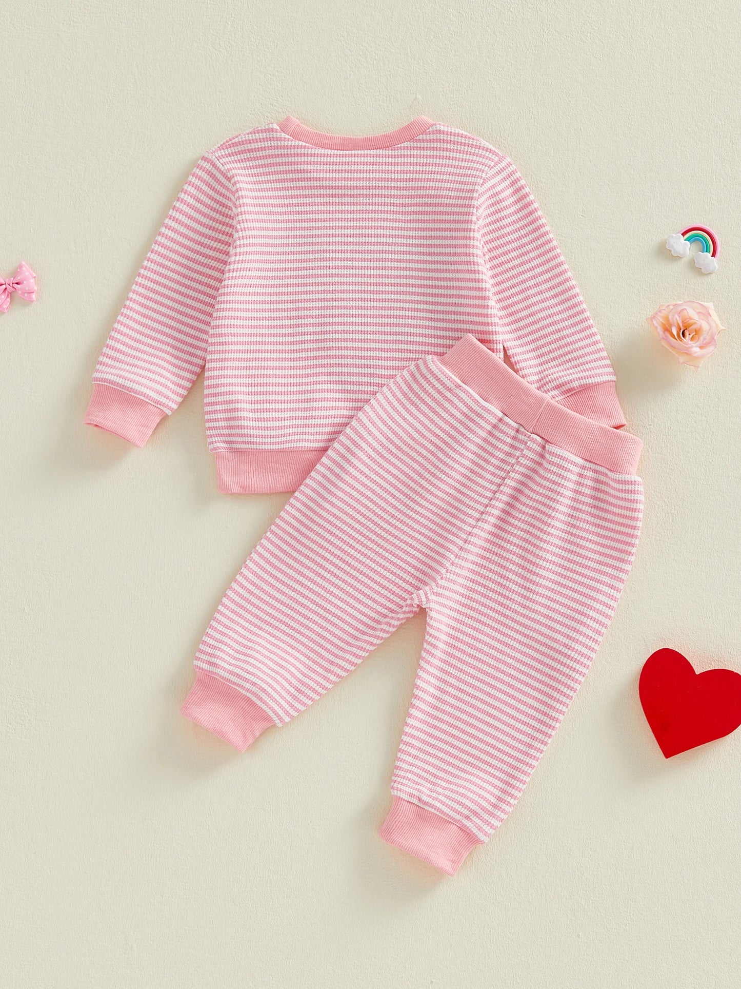 Baby Toddler Girl 2Pcs Sweet Heart Valentine’s Day Outfits Long Sleeve Stripes Top Pocket Pants Jogger Set Toddler Clothes