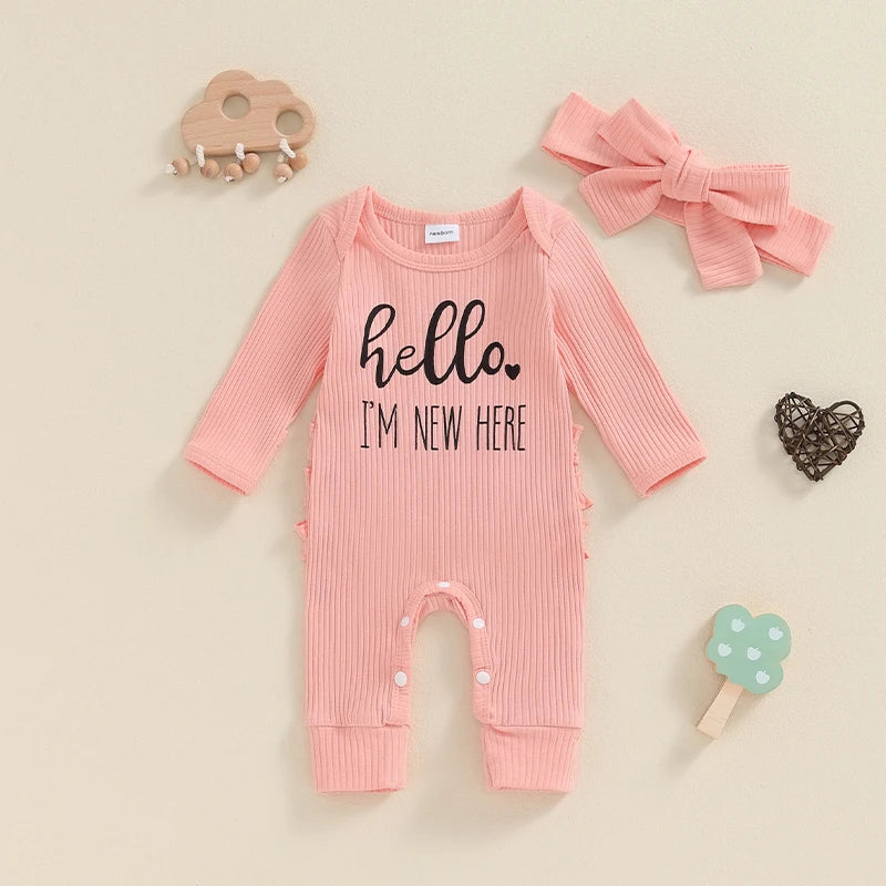 Baby Girl 2Pcs Hello I'm New Here Romper Letter Print Ribbed Long Sleeve Round Neck Full Length Jumpsuit with Headband Set