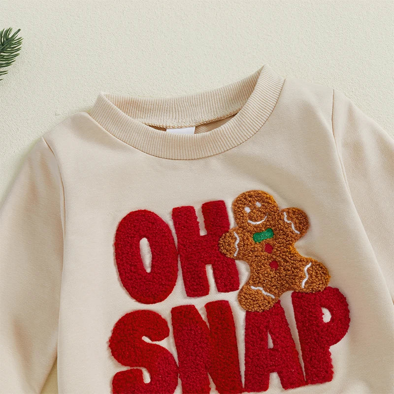 Baby Toddler Boys Girls 2Pcs Christmas Outfit Long Sleeve Oh SNAP Gingerbread Man Embroidery Top Pants Jogger Set Winter