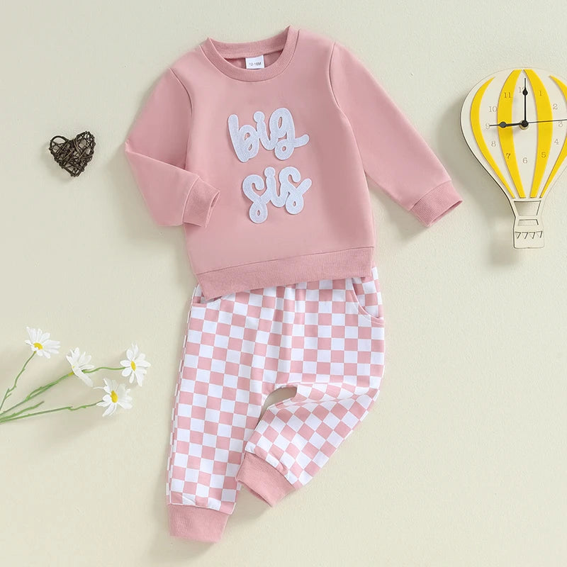 Baby Toddler Kids 2Pcs Big Sis / Bro Fall Outfit Long Sleeve Letter Embroidery Pullover + Checkered Pants Set