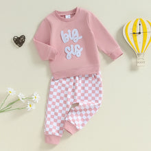 Load image into Gallery viewer, Baby Toddler Kids 2Pcs Big Sis / Bro Fall Outfit Long Sleeve Letter Embroidery Pullover + Checkered Pants Set
