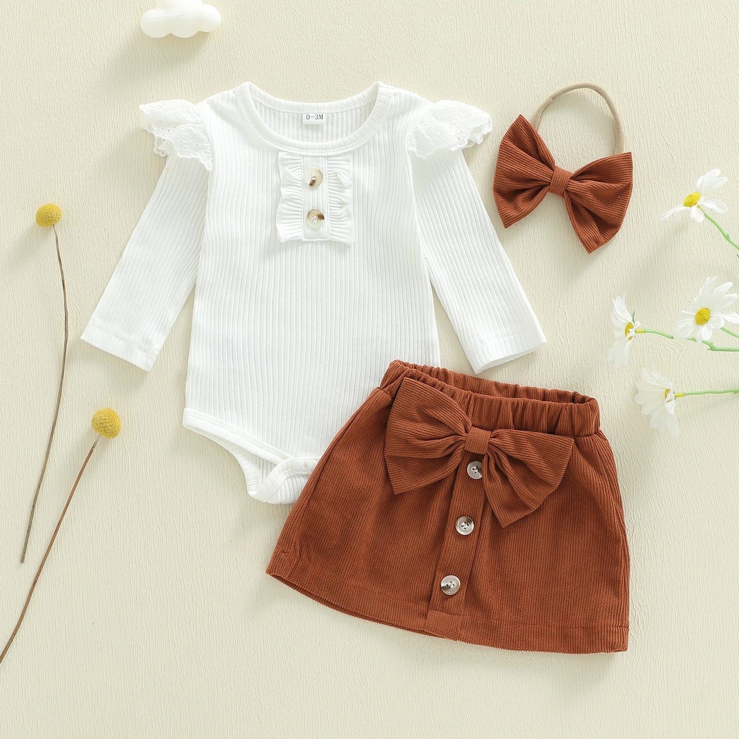 Baby Girls 3Pcs Outfit Long Sleeve Romper with Mini Skirt Bowknot Headband Fall Set