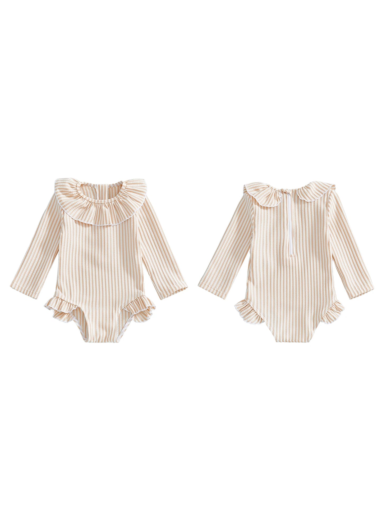 Baby Toddler Girl Rash Guard Swimsuit Long Sleeve Ruffled Collar Striped Swimwear Bathing Suit for Beach Pool