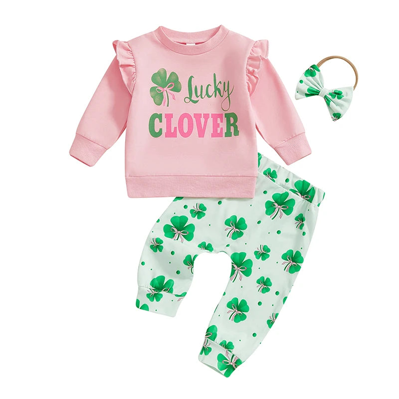 Baby Toddler Girls 3Pcs Daddy's Lucky Charm / Lucky Clover Spring Outfit Long Sleeve Top + Shamrock Pants + Headband Bow Set Clothes St. Patrick's Day