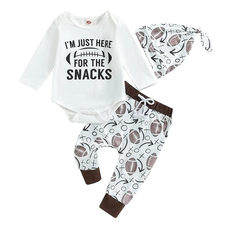 Baby Boys 3Pcs I'm Just Here For The Snacks Set Football Letter Print Long Sleeve Round Neck Romper Drawstring Pants Hat Outfit