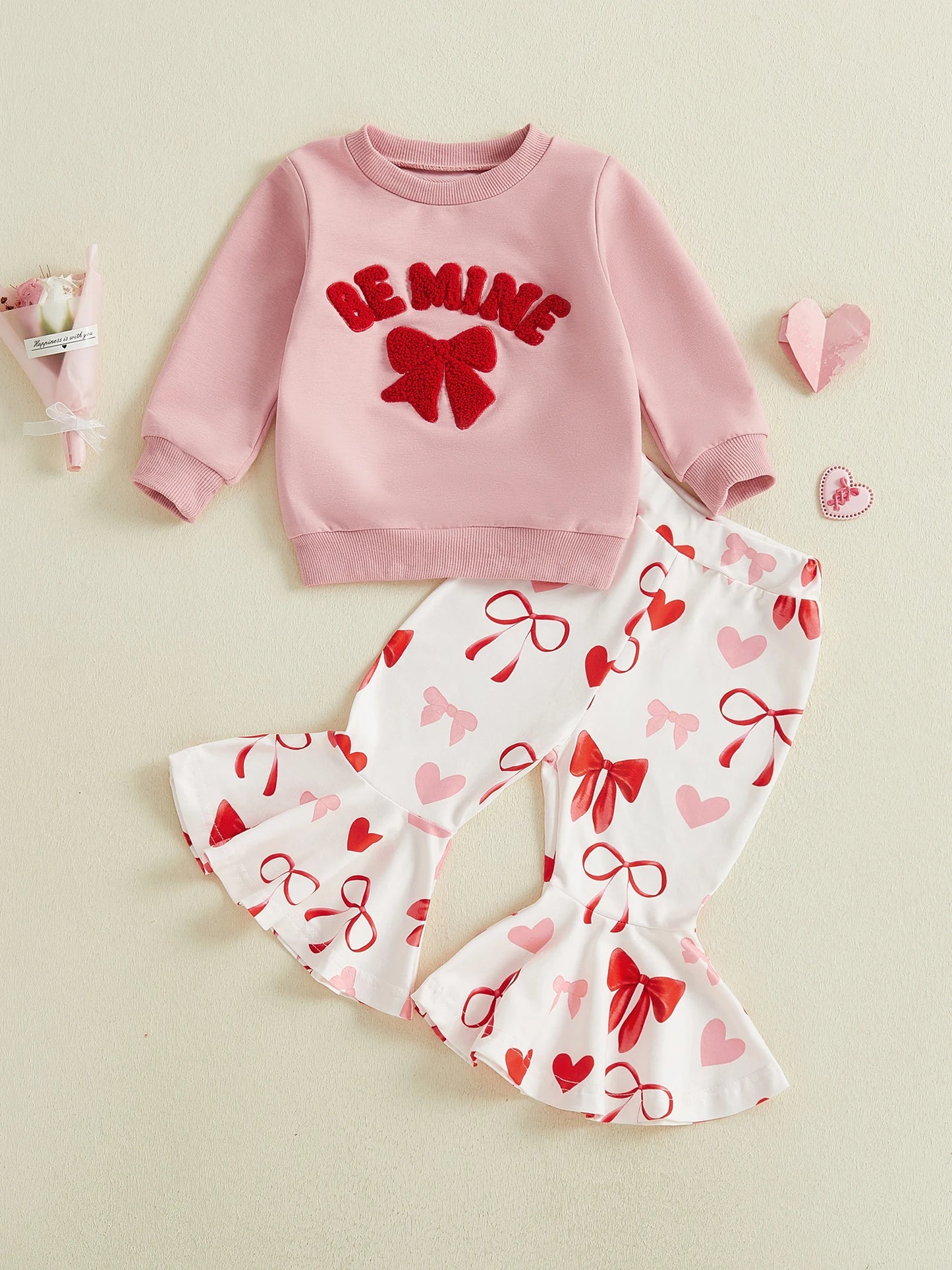 Baby Toddler Girls 2Pcs XOXO Be Mine Valentine's Day Outfit Bow Embroidery Long Sleeve Pullover Top with Bell Bottoms Clothing Set