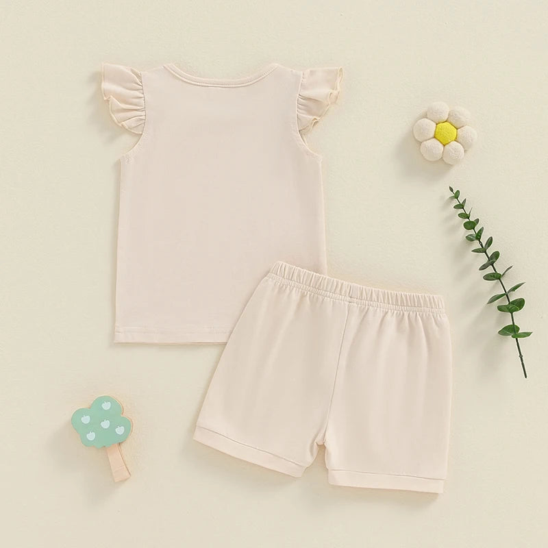 Baby Toddler Girl 2Pcs Summer Set Solid Color Round Neck Fly Sleeve Top Elastic Waist Shorts Outfit Set