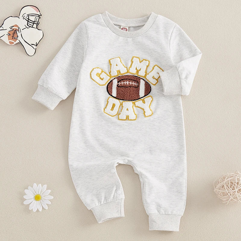 Baby Girl Boy Fall Romper GAME DAY Letter Football Embroidery Long Sleeve Full Length Jumpsuit