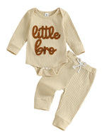 Baby Boy 2Pcs Fall Clothes Letter Little Bro Embroidery Long Sleeve Romper Solid Long Jogger Pants Outfit Set