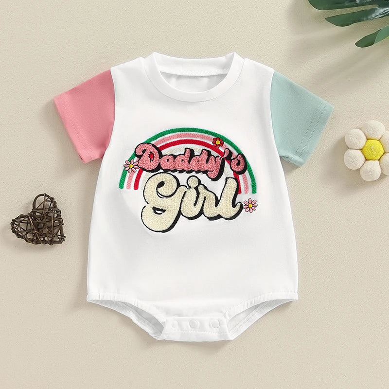 Baby Girls Daddy's Girl Bodysuit Short Sleeve Crew Neck Embroidery Letters Rainbow Jumpsuit Romper