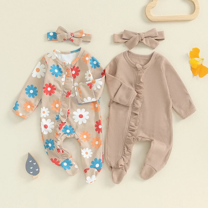 Baby Girls 4Pcs Outfit Long Sleeve Crew Neck Frills Solid and Flower / Strawberry Footie Jumpsuit and Headband Fall Sets