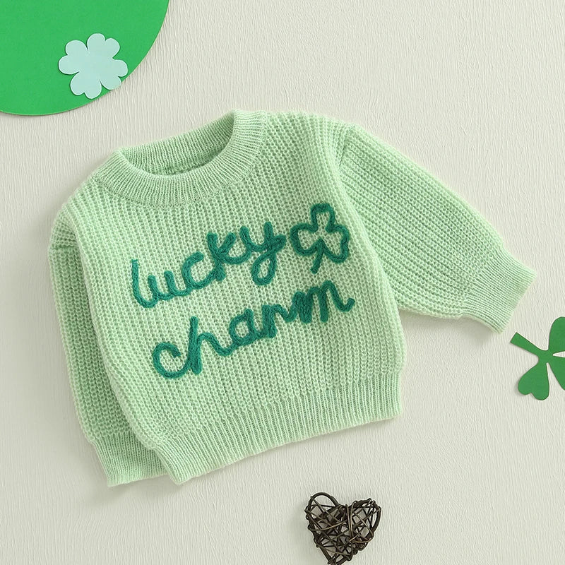 Baby Toddler Boys Girls Lucky Charm St. Patrick's Day Irish Sweater Shamrock Letter Embroidery Long Sleeve Crew Neck Knitwear Pullover Top