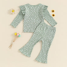 Load image into Gallery viewer, Toddler Kids Girls 2Pcs Fall Outfit Ruffle Flower Print Long Sleeve Top + Flare Pants Set
