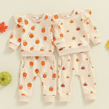 Load image into Gallery viewer, Baby Toddler Girls 2Pcs Fall Halloween Outfit Pumpkin Print Long Sleeve Frilly Shoulder O-Neck Pullover with Elastic Waist Pants Set
