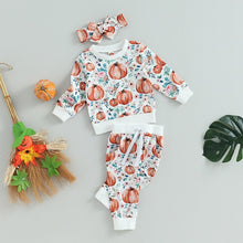 Load image into Gallery viewer, Baby Toddler Girl 3Pcs Halloween Outfit Pumpkin Flower Print Long Sleeve Top Pants
