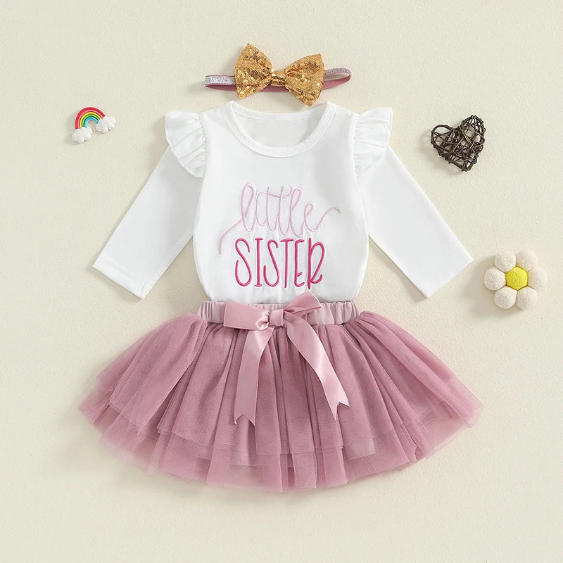 Baby Girls 3Pcs Little Sister Outfit Ruffle Shoulder Letter Embroidery Long Sleeve Romper Tulle Tutu Skirt Headband Set