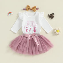 Load image into Gallery viewer, Baby Girls 3Pcs Little Sister Outfit Ruffle Shoulder Letter Embroidery Long Sleeve Romper Tulle Tutu Skirt Headband Set
