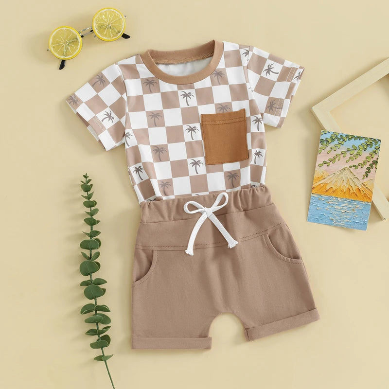 Baby Toddler Boys 2Pcs Summer Spring Shorts Set Short Sleeve Checker Palm Tree Print Top with Elastic Waist Shorts Outfit