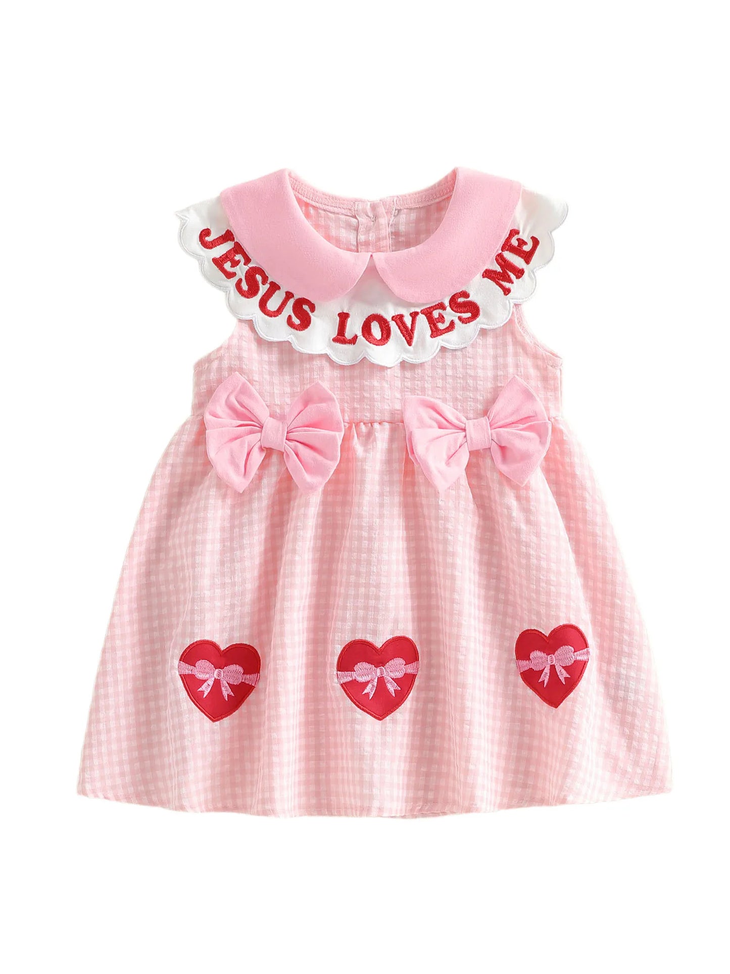 Baby Toddler Girls A-line Dress Valentine's Day Jesus Loves Me Sleeveless Doll Collar Letter Heart Embroidery Plaid Dress