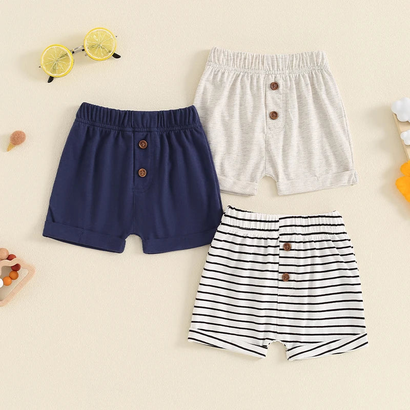 Baby Toddler Boys 3Pcs Summer Shorts Elastic Band Solid Color/Striped Button Shorts Set of Three