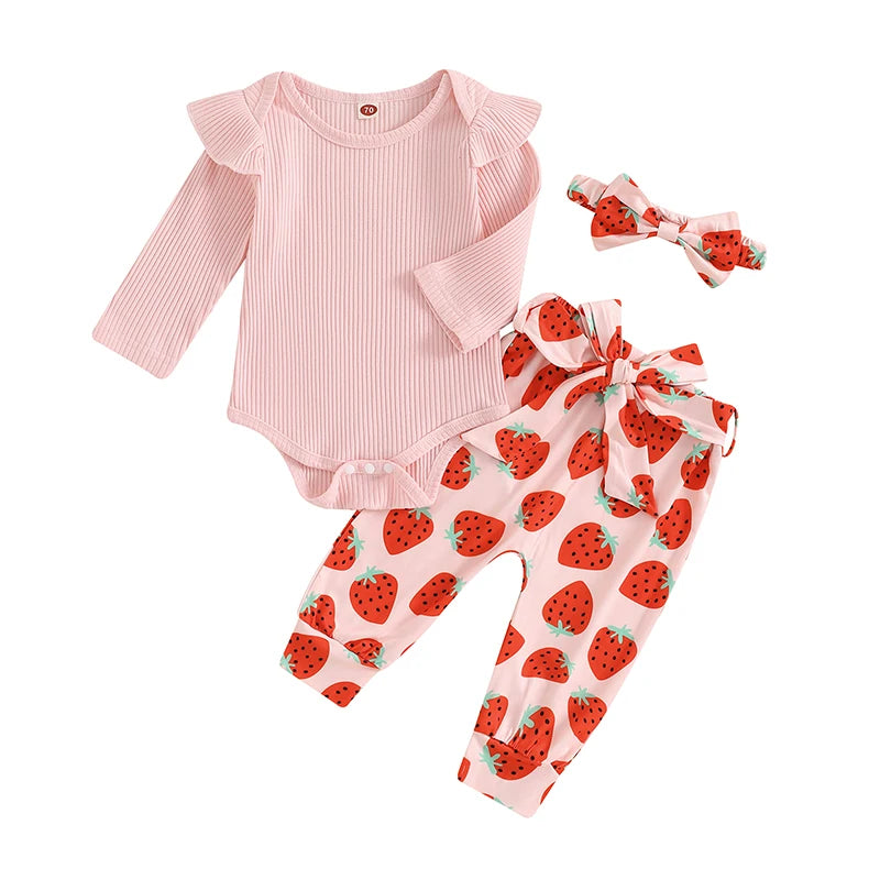 Baby Girls 3Pcs Fall Outfit Ribbed Long Sleeve Romper with Floral / Strawberry Pattern Pants and Headband Set