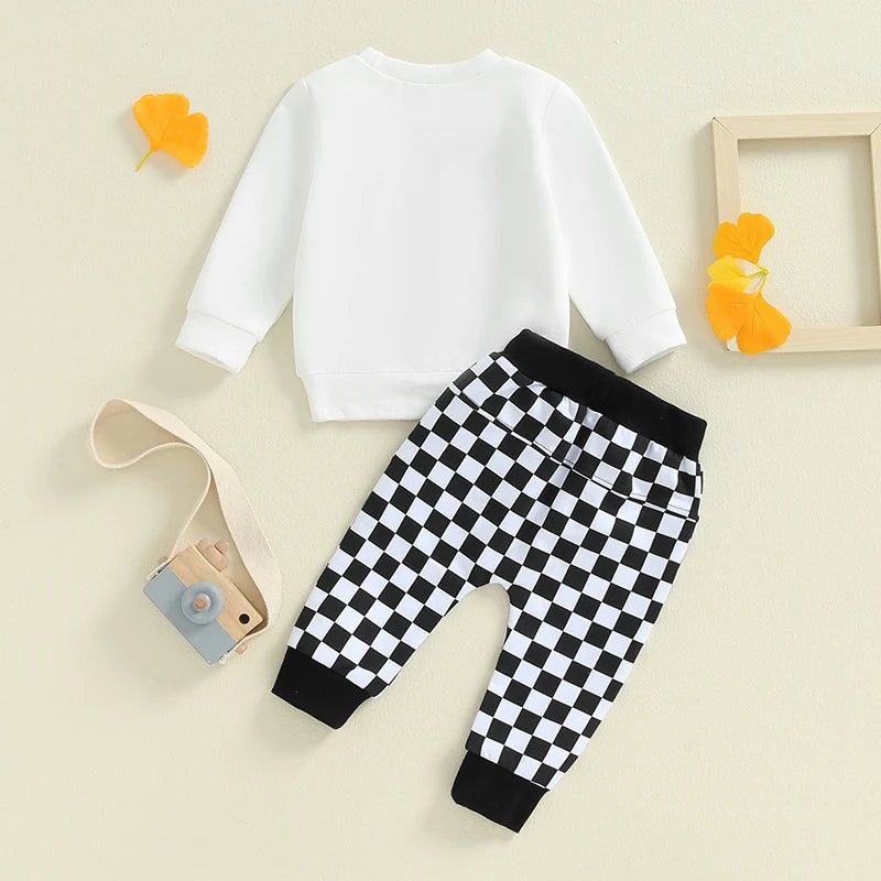 Baby Toddler Boys 2Pcs Mama's Boy Checkered Set Letter Print Long Sleeve Round Neck Top with Pocket Long Pants Outfit