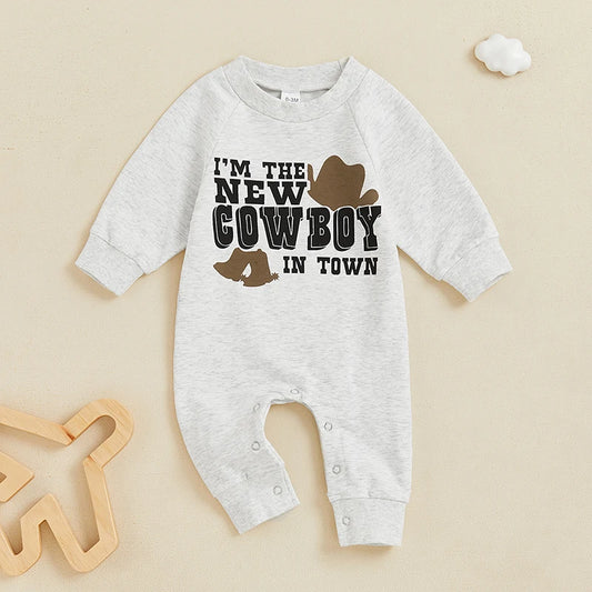 Baby Boy I'm The New Cowboy In Town Western Romper Letter Print Round Neck Long Sleeve Full Length Jumpsuit Fall