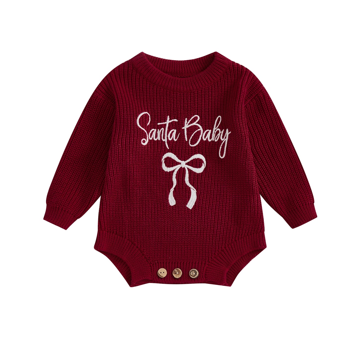 Baby Girl Santa Baby Christmas Romper Loose Fit Letter Bow Embroidery Ribbed Knit Long Sleeve Infant Winter Sweater