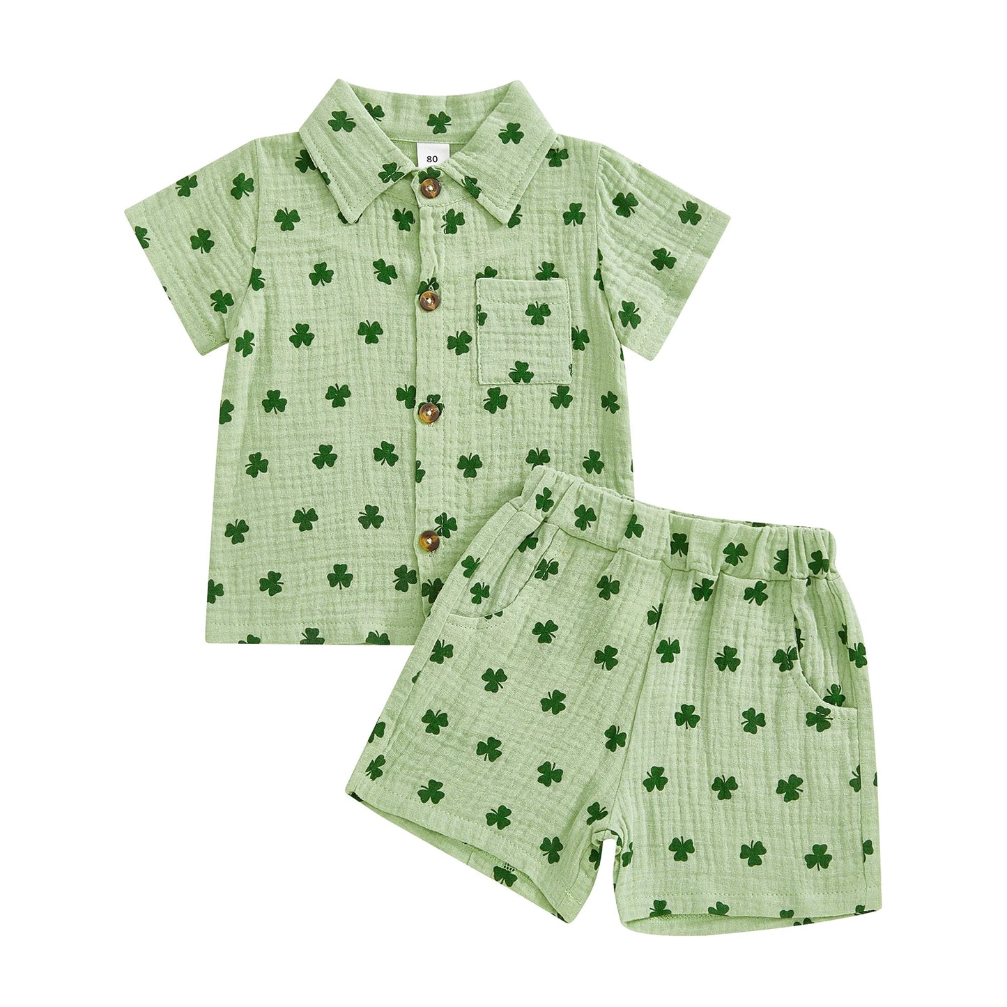 Baby Toddler Boys 2Pcs Spring St. Patrick's Day Set Shamrock Print Short Sleeve Lapel Button Down Shirt Shorts Outfit