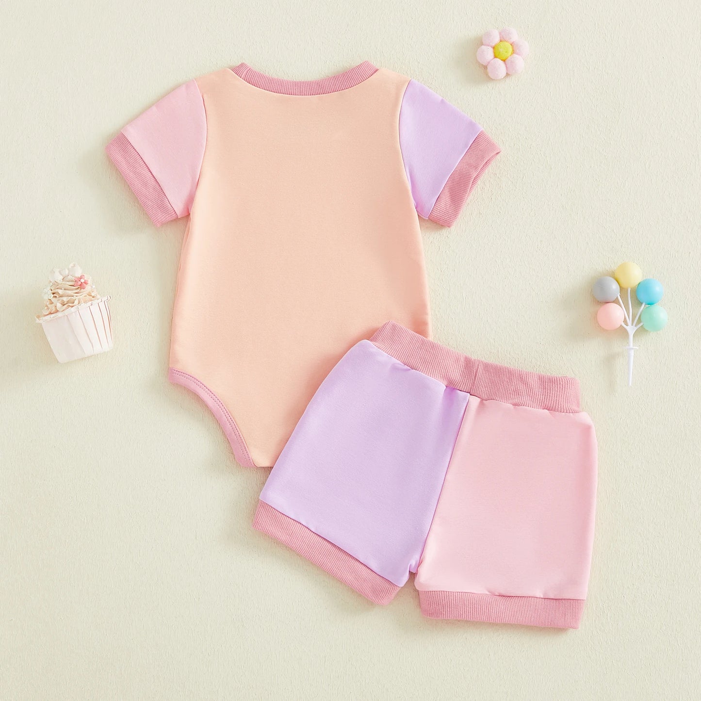 Baby Girls 2Pcs Summer Spring Shorts Set Short Sleeve O Neck Contrast Color Romper and Drawstring Shorts Outfit