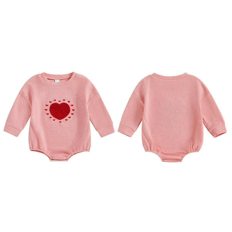 Baby Toddler Girls Waffle Romper Heart Valentines Embroidery Long Sleeve Jumpsuits Valentine's Day