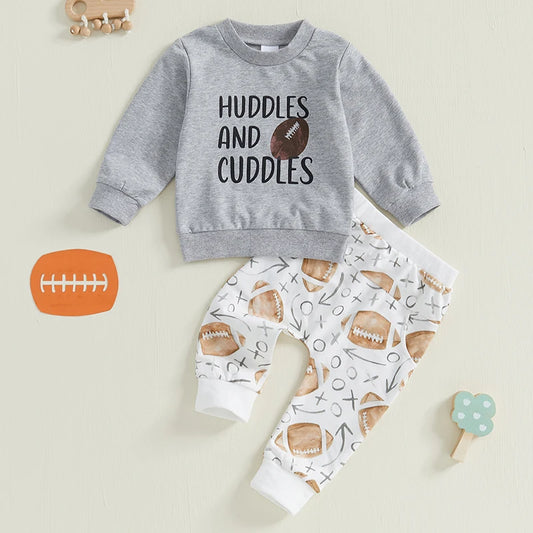 Baby Toddler Boys 2Pcs Football Outfit Long Sleeve Letter Huddles and Cuddles Print Top + Pants Fall Game Day Set