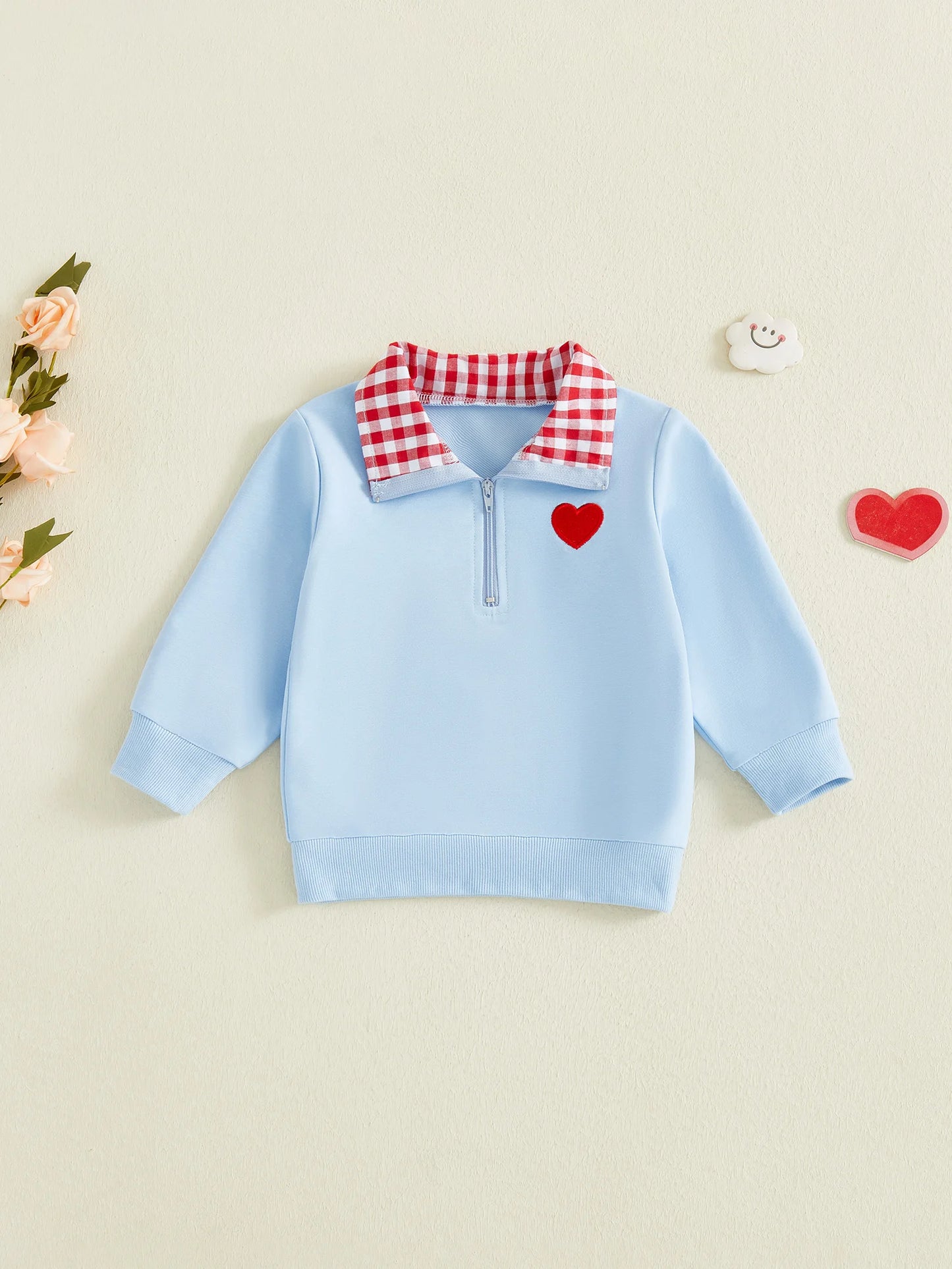 Baby Toddler Boys Girls Long Sleeve Plaid Collar Embroidery Heart Tops for Valentine Day