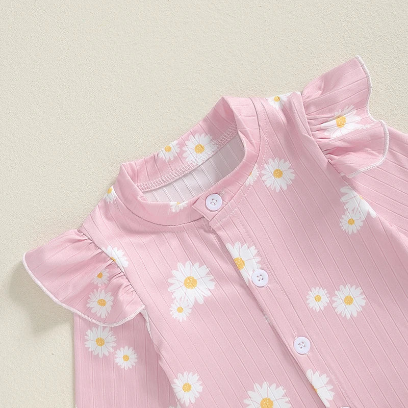 Baby Girls Button Romper Daisy Flower Print Ruffles Long Sleeve Jumpsuit