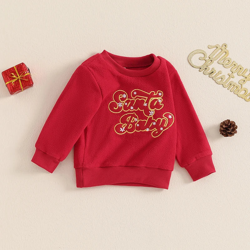 Baby Toddler Kids Girls Boys Christmas Fleece Top Santa Baby Letter Embroidery Crew Neck Long Sleeve Pullover Top