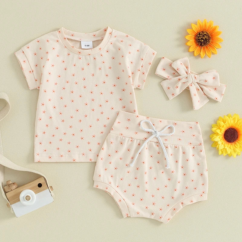 Baby Toddler Girl 3Pcs Clothing Sets Cotton Floral Flowers Print Short Sleeve Pullover Top + High Waist Shorts + Headband