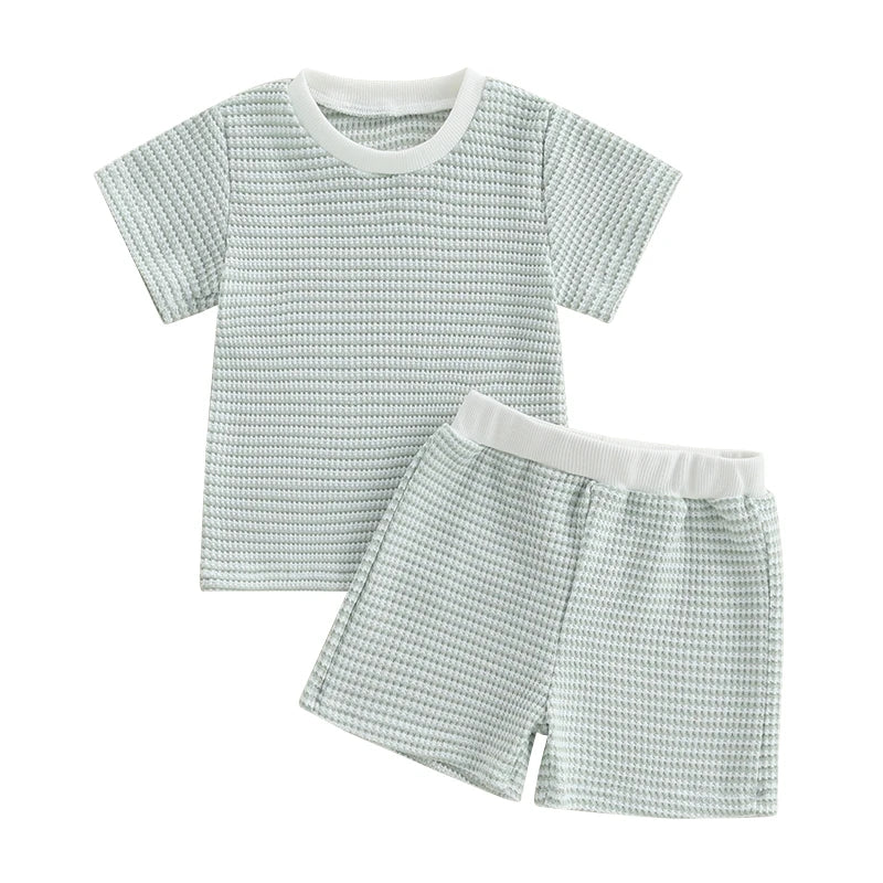 Baby Toddler Girl Boys 2Pcs Summer Outfit Waffle Striped Short Sleeve T-shirt Top Elastic Waist Shorts Set