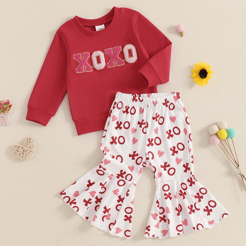 Baby Toddler Girls 2Pcs XOXO Valentine's Day Outfit Letter Embroidery Long Sleeve Crewneck Top with Heart Pattern Flare Pants Valentines Set