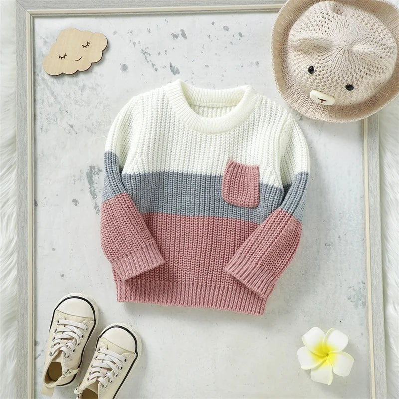 Baby Toddler Boys Girls Knit Sweater Contrast Color Pocket Crewneck Pullover Long Sleeve Top