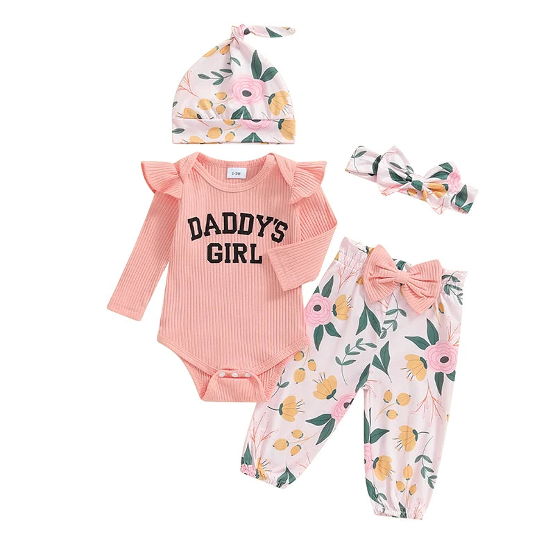 Baby Girls 3Pcs Daddy's Girl Fall Outfit Long Sleeve Ribbed Romper Frill Sleeve + Bow Flower Print Pants + Headband + Hat Set