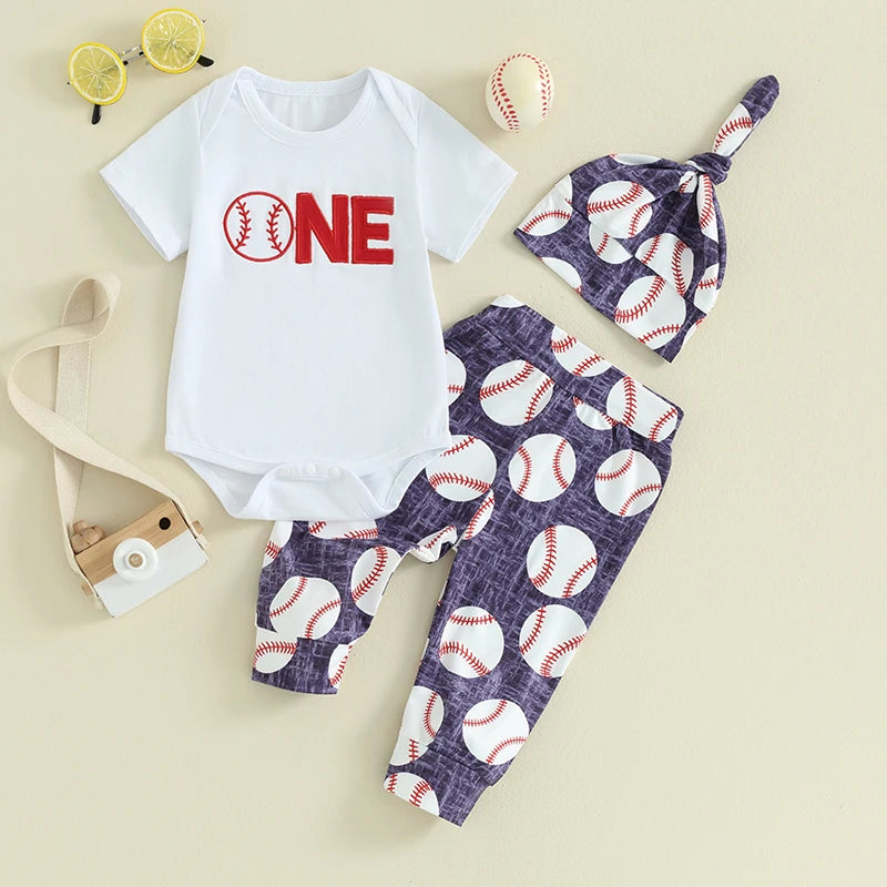 Baby Boys Girls 3Pcs First Birthday Outfit Letter ONE Print Short Sleeve Romper with Baseball Print Pants and Hat Set